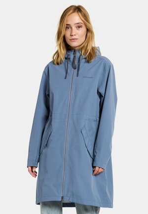 Light blue, waterproof knee-length jacket with a zip front, adjustable hood, and two side pockets. Features elastic cuffs and branding.