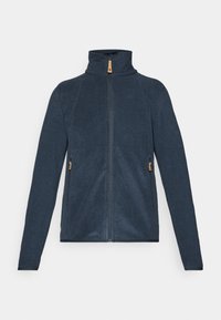 Navy blue zip-up jacket with a high collar, made of soft fabric; features contrasting light-brown zipper and pockets.
