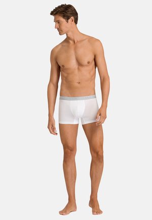 Boxer-briefs blancs en tissu doux, dotés d'une ceinture élastique grise avec un logo en relief. Design slim avec une texture lisse.