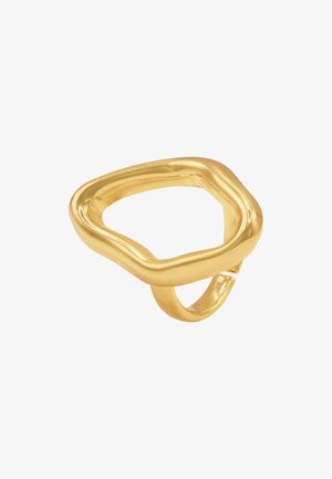 Goldring mit einer einzigartigen, gewellten quadratischen Form. Glatte, glänzende Oberfläche mit abgerundeten Kanten und einem offenen Design des Rings.