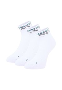 Drei Paar weiße Knöchelsocken aus Baumwolle mit gerippter Struktur, abgerundetem Zehenbereich und farbigem Logo-Band mit der Aufschrift "CARLO COLOMBO Milano".