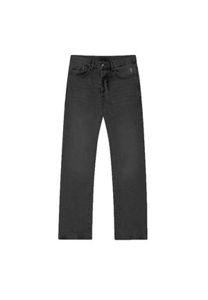 Jeans in denim nero con taglio dritto, dotati di cinque tasche, passanti per cintura e chiusura anteriore con bottone. Texture liscia e dettagli minimi.