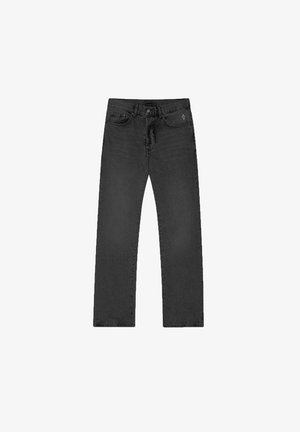 Jeans in denim nero con taglio dritto, dotati di cinque tasche, passanti per cintura e chiusura anteriore con bottone. Texture liscia e dettagli minimi.