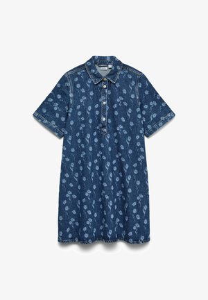 Galléros farmer rövid ujjú ruha, gombos elülső résszel és világos virágos mintával az egész anyagon.