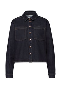 Veste en jean bleu foncé raccourcie, manches longues, deux poches poitrine, boutons en cuivre et surpiqûres contrastées.