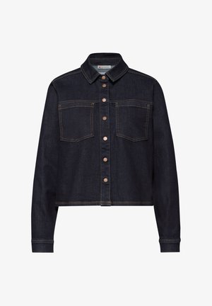 Donkerblauwe cropped spijkerjack met lange mouwen, twee borstzakken, koperen knopen en contrasterende stiksels.