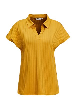 Short-sleeve mustard yellow ribbed knit top with a collar and V-shaped neckline.