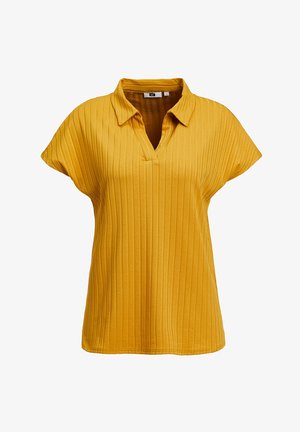 Haut en maille côtelée jaune moutarde à manches courtes, avec col et encolure en V.