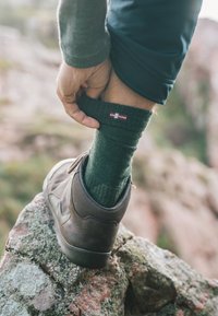 Calza verde a maglia con risvolto a coste, caratterizzata da un piccolo design rosso e bianco, indossata con una scarpa da trekking marrone su un terreno roccioso.