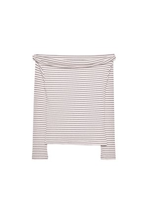 Top off-shoulder a righe in tessuto morbido, con sottili strisce nere su uno sfondo chiaro, corpino aderente e maniche lunghe.