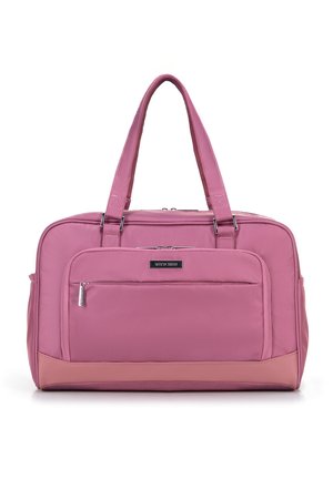 Rosa Reisetasche mit doppelten Obergriffen, ausgestattet mit einem strukturierten Stoff, einer vorderen Reißverschlusstasche und einer glatten Akzentlinie entlang des Bodens.