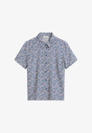 Kurzärmeliges Hemd mit Knopfleiste, dichtem blauem, pinkem, weißem und braunem Blumenmuster und klassischem Kragen.