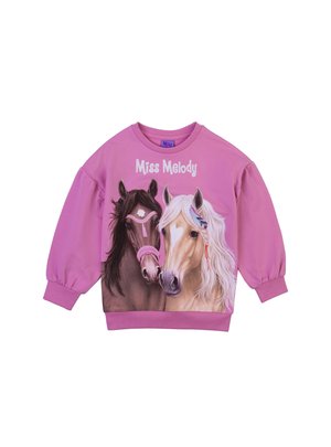 Lila Sweatshirt mit zwei Pferdegrafiken: einem braunen Pferd mit einer rosa Trense und einem blonden Pferd mit einer Mähnenakzentuierung. Der Text lautet "Miss Melody."