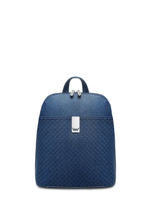 Navy blue leather backpack with textured surface, rectangular shape, top handle, and silver hardware detail.