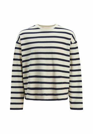 Langärmliger, cremefarbener Pullover mit marineblauen vertikalen Streifen, runder Ausschnitt, weiche Textur und gerader Saum für eine entspannte Passform.