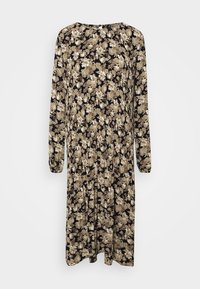 Långärmad klänning i svart tyg prydd med ett blommönster i beige och vitt. Har en rund halsringning och en gathered midja.