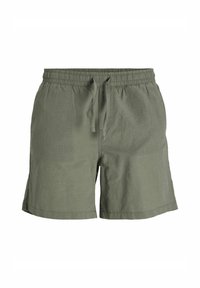 Shorts vert olive, en tissu léger. Dotés d'une taille élastique avec cordon de serrage, de poches latérales et d'une coupe décontractée.