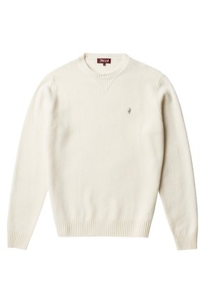 Pull à manches longues couleur crème avec poignets et ourlet côtelés, col rond, et petit logo brodé sur le côté gauche de la poitrine.