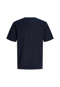 Μαύρο απλό t-shirt με κοντά μανίκια, εμφανίζεται από πίσω με στρογγυλή λαιμόκοψη σε λευκό φόντο.