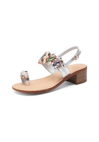 Sándal de cuero plateado con tacón bajo, que presenta acentos de gemas multicolores. Diseño de punta abierta y tirante de tobillo ajustable. Plantilla suave de color marrón claro.