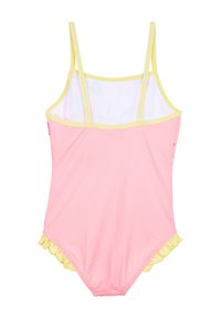 Eénstuk zwempak in roze, met gele accenten en gerimpelde rand. Bandjes ontwerp met een gaaspaneel aan de achterkant. Soepele textuur.