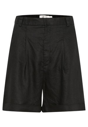 Black linen shorts with a relaxed fit, featuring front pleats and rolled cuffs. Smooth texture and simple design without added embellishments.