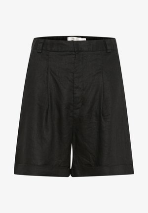 Mustadest linastest lühikesed püksid, millel on mugav lõige, esiplekid ja keerdunud servad. Sile tekstuur ja lihtne disain ilma lisakaunistusteta.