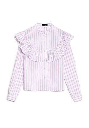 White shirt with pink vertical stripes, ruffled neckline, and button front. Long sleeves with striped cuffs. Fabric appears smooth and lightweight.