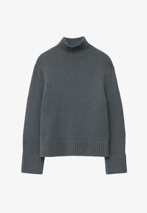 Grijze gebreide coltrui, met ribgebreide manchetten en zoom, een cropped design en een textuurafwerking.