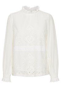 Vit långärmad blus med broderade blommönster, spetsdetaljer vid hals och ärmslut, strukturerad tyg och lätt volangade ärmar.