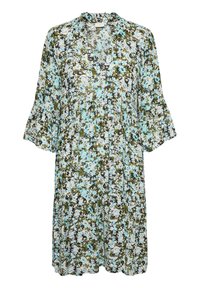 Robe fleurie avec un décolleté en V et des manches volantes. Présente un mélange de couleurs bleu, vert et blanc sur un fond sombre. Tissu léger.