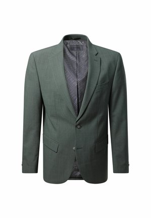 Donkergroene blazer van textiel met een gestructureerde stof, eengeschakelde ontwerp, notch revers, twee voorzakken en een grijs patroon aan de binnenkant.