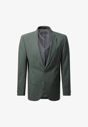 Donkergroene blazer van textiel met een gestructureerde stof, eengeschakelde ontwerp, notch revers, twee voorzakken en een grijs patroon aan de binnenkant.