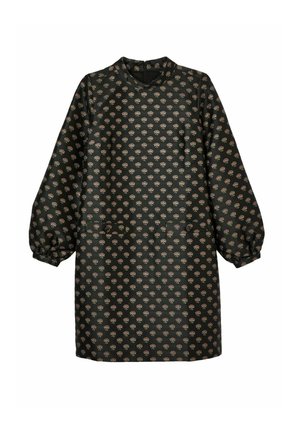 Black dress with long puff sleeves and a high neckline, featuring a repeating floral pattern in pink and cream, made of smooth fabric.