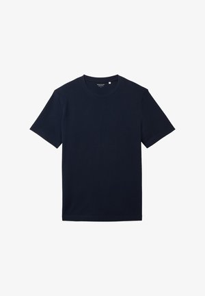 Navy sininen puuvillapaita lyhyillä hihoilla, klassinen pyöreä kaula-aukko ja sileä rakenne. Yksinkertainen muotoilu, ei kuvioita tai näkyviä yksityiskohtia.