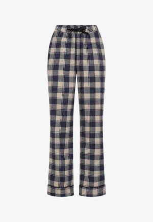Rute mønstrede pyjamasbukser i marineblå og beige, med elastisk talje, sort snøre og afsluttede ben. Blødt stof med ternet mønster.