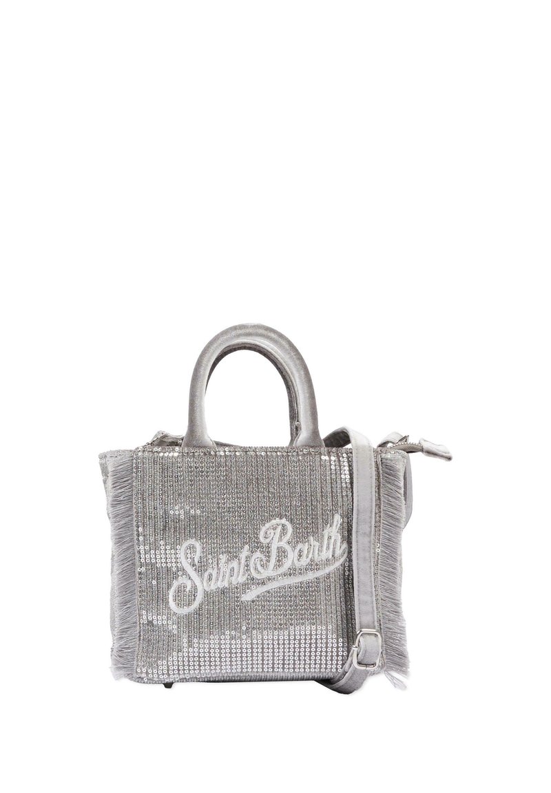 Borsa argento con paillettes, dettagli a frange, doppi manici superiori e una tracolla regolabile. "Saint Barth" è ricamato sul davanti.