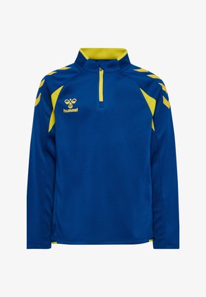 Blå sports-pullover med lange ærmer, gule skulderstriber, delvis forreste lynlås og gul hummel-logo på brystet.