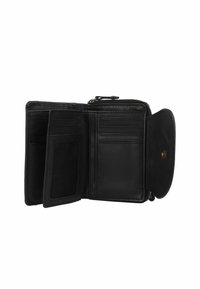 Black leather wallet featuring a zip closure, multiple card slots, and a clear ID pocket. Smooth texture with stitched detailing and a snap button.