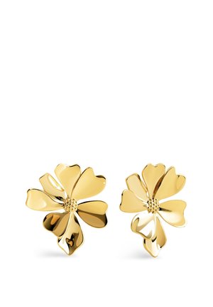 Boucles d'oreilles en forme de fleur en or avec six pétales arrondis et centres texturés, présentées sur un fond blanc.