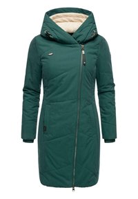 Zaļš izšūts mētelis ar ailu apdari, diagonālo šuvumu un rāvējslēdzēju. Iekļauj sānu kabatas un gludu dizainu.