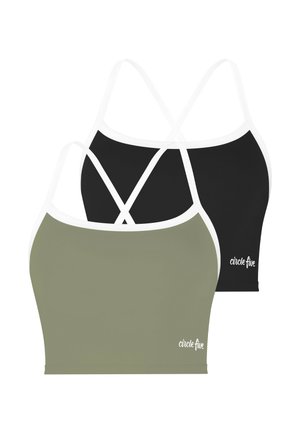 Zwei bauchfreie Tanktops mit dünnen weißen, gekreuzten Trägern, eines schwarz und eines olivgrün, jeweils mit dem Text "circle five" am Saum.