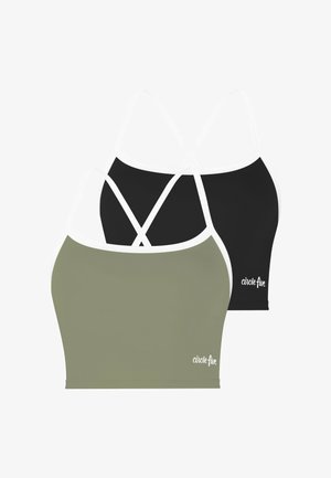 Zwei bauchfreie Tanktops mit dünnen weißen, gekreuzten Trägern, eines schwarz und eines olivgrün, jeweils mit dem Text "circle five" am Saum.