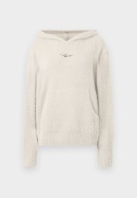 Crème-kleurige hoodie gemaakt van zachte, gestructureerde stof. Beschikt over een voorzak en een capuchon, met geborduurde branding op de borst.