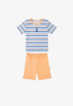Striped short-sleeve t-shirt in blue, orange, and white, featuring a blue embroidered detail, paired with solid orange shorts with an elastic waistband.
