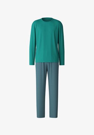 Teal long-sleeve shirt with crew neck paired with patterned blue pants featuring a wave design, made from soft, lightweight fabric.