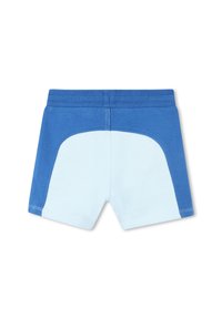 Blaue und hellblaue Baumwollshorts mit einem gerippten Bund, ausgestattet mit einem abgerundeten Seitenpaneeldesign und gestickten Details.
