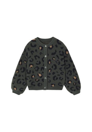 Grüner Leopardenmuster-Cardigan mit langen Ärmeln, rundem Halsausschnitt und fünf silbernen Knöpfen auf der Vorderseite. Er hat eine weiche Textur.