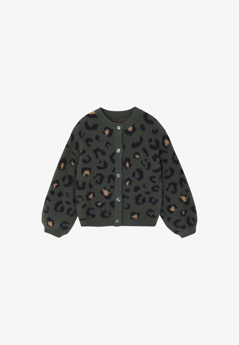 Grüner Leopardenmuster-Cardigan mit langen Ärmeln, rundem Halsausschnitt und fünf silbernen Knöpfen auf der Vorderseite. Er hat eine weiche Textur.