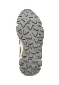 Outsole of a shoe featuring a gray rubber material with a tread pattern of triangles and rounded edges for traction and stability.